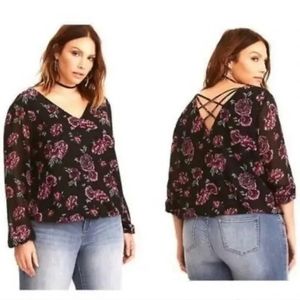 Torrid Black Floral Top Blouse Criss Cross Long Sleeve